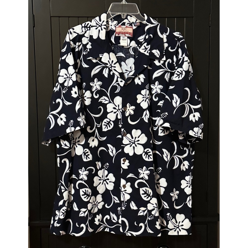 VTG RJC Hawaiian Shirt 3X Navy White Floral Aloha Vintage Y2K Made in Hawaii